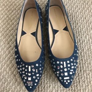 Denim rhinestone flats